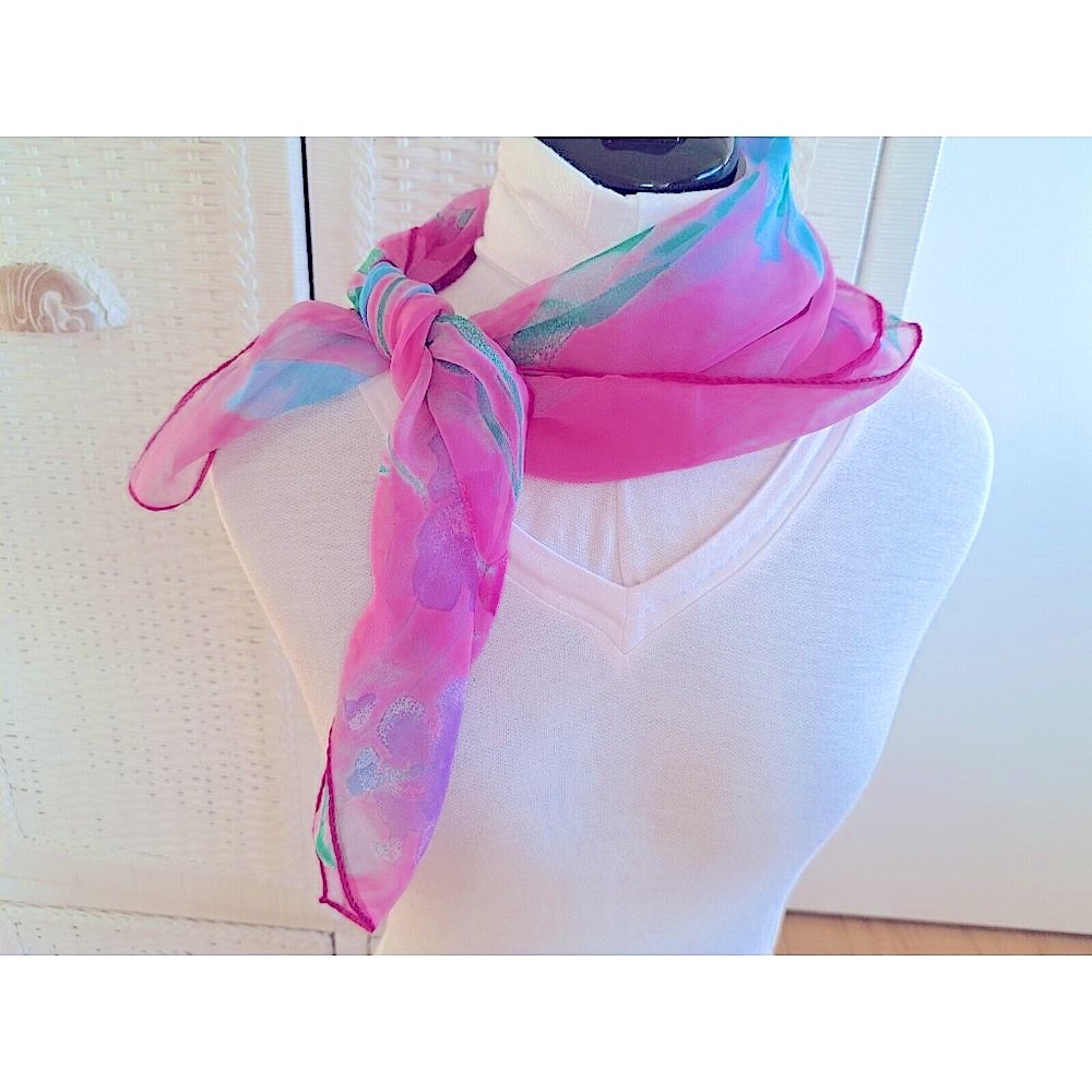 Vintage Vera Neumann SCARF Pink Floral Sheer Square 27" X 27" Made in Japan